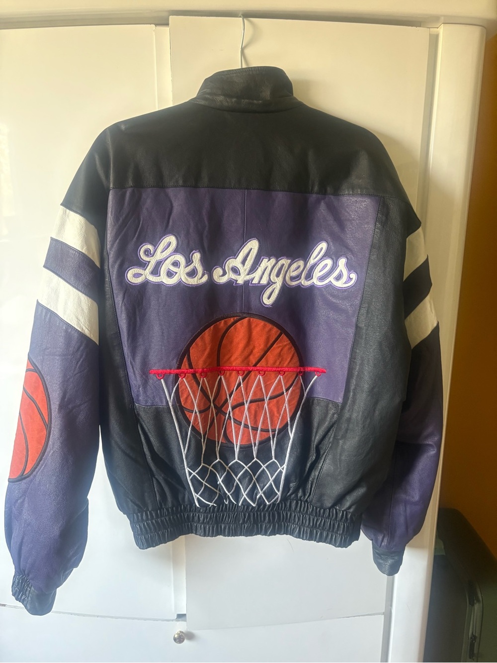Los Angeles Basketball Embroidered Leather Jacket - Purple & Black